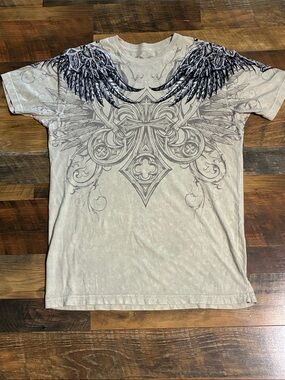 Affliction Men's Tan Graphic T-Shirt with Black Wing Design